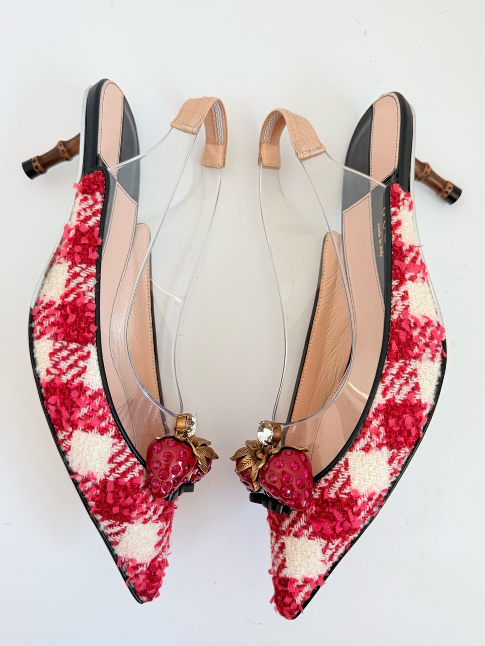 Gucci Eleanor Strawberry Tweed Crystal PVC Bamboo Slingback Pumps 39 - Picture 3 of 9